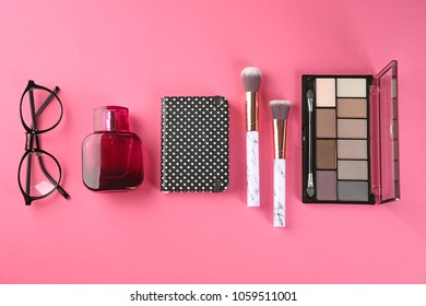 Flat lay composition with professional cosmetics on color background
