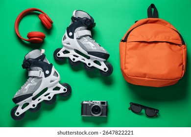 Flat lay composition with roller skates on green background