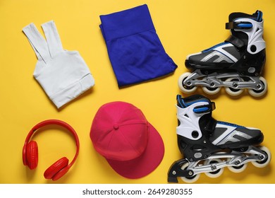 Flat lay composition with roller skates on yellow background