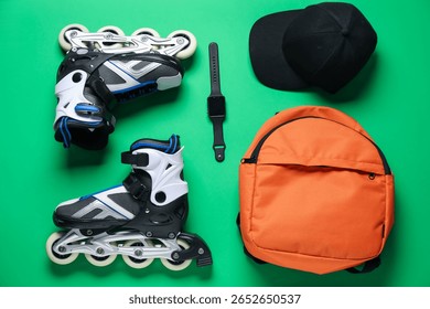 Flat lay composition with roller skates on green background