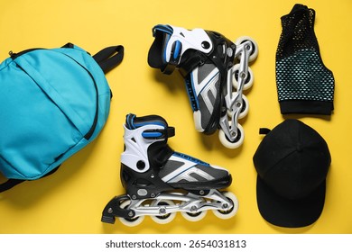 Flat lay composition with roller skates on yellow background