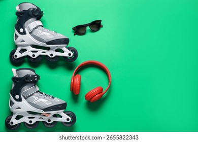 Flat lay composition with roller skates on green background. Space for text