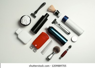 Flat Lay Composition With Shaving Accessories For Men On White Background