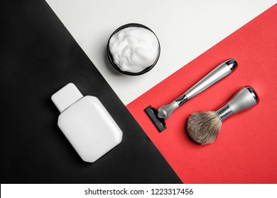 Flat Lay Composition With Shaving Accessories For Men On Color Background