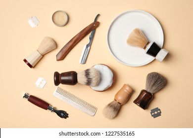 Flat Lay Composition With Shaving Accessories For Men On Color Background