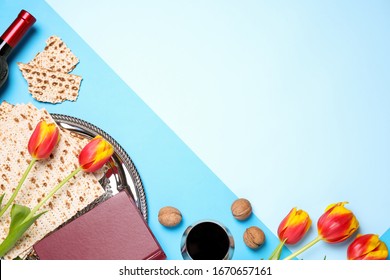 Flat Lay Composition With Symbolic Pesach (Passover Seder) Items On Color Background, Space For Text