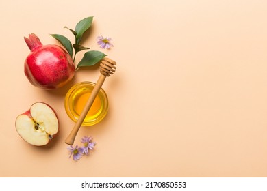 Flat lay composition with symbols jewish Rosh Hashanah holiday attributes on colored background, Rosh hashanah concept. New Year holiday Traditional. Top view with copy space. - Shutterstock ID 2170850553