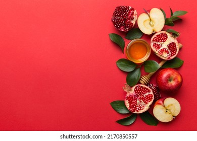 Flat lay composition with symbols jewish Rosh Hashanah holiday attributes on colored background, Rosh hashanah concept. New Year holiday Traditional. Top view with copy space. - Shutterstock ID 2170850557