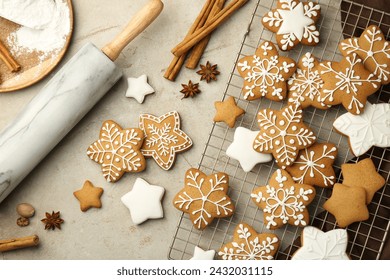 Flat lay composition with tasty Christmas cookies and spices on light table - Powered by Shutterstock