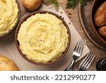 Flat lay composition with tasty mashed potatoes on wooden table