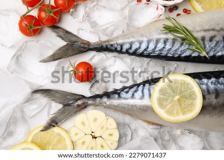Flat lay composition with tasty raw mackerel on white marble table