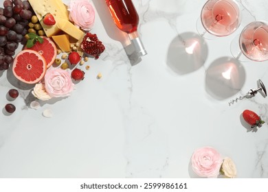 Flat lay composition with tasty rose wine and snacks on white marble table. Space for text