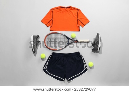 Flat lay composition with tennis racket and balls on grey background