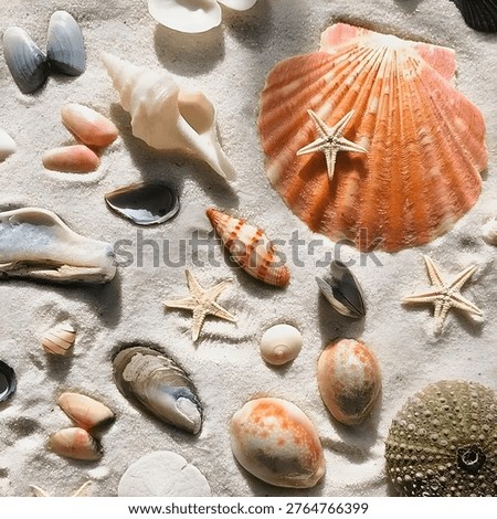 Flat lay composition of various beautiful sea shells and starfish arranged on white beach sand.