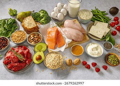 flat lay composition of various fresh protein diet products on grey background, top view. healthy eating, various fresh healthy products on grey table, top view. Healthy food clean eating selection