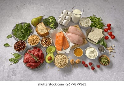 flat lay composition of various fresh protein diet products on grey background, top view. healthy eating, various fresh healthy products on grey table, top view. Healthy food clean eating selection
