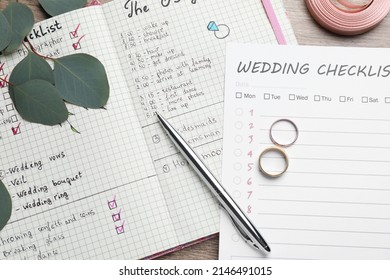 Flat lay composition with Wedding Checklist and planner on wooden table - Powered by Shutterstock