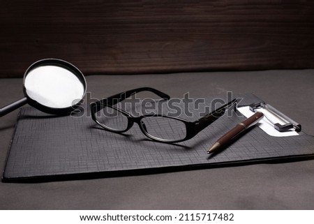 flat lay concept,  notebook, glases, 