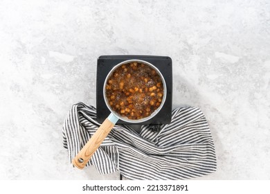 Flat Lay. Cooking Boba Pearls In A Cooking Pot To Prepare Mango Boba Smoothie.