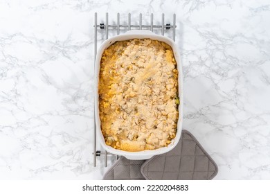 Flat Lay. Cooking Macaroni And Cheese With Broccoli In A Casserole Dish.