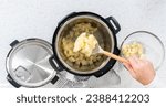 Flat lay. Cooking potatoes and eggs in a pressure cooker to make potato salad.