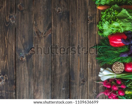 flat lay copy space with fresh raw herbs ceeds and vegetables
