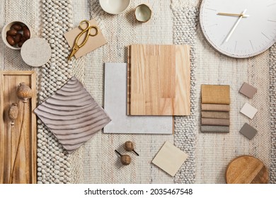 Flat lay of creative architect moodboard composition with samples of building, beige textile and natural materials and personal accessories. Top view, template. - Shutterstock ID 2035467548