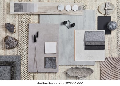 Flat lay of creative architect moodboard composition with samples of building, beige textile and natural materials and personal accessories. Top view, template.