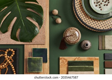 Flat lay of creative architect moodboard composition with samples of building, textile and natural materials and personal accessories. Top view, green background, template. - Shutterstock ID 2035467587