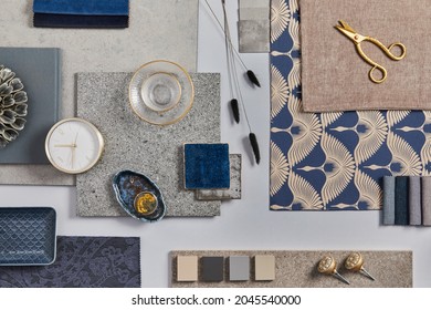 Flat lay of creative architect moodboard composition with samples of building, textile and natural materials and personal accessories. Top view, grey background, template. - Shutterstock ID 2045540000