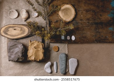 Flat lay of creative design beige pottery mood board. Pieces of raw clay, natural materials, ceramicist tools. Top view, template, DIY ceramics ideas.