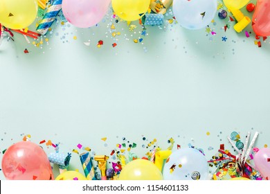 Flat lay decoration party concept on pastel blue background top view
