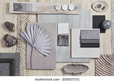 Flat Lay Design Of Creative Architect Moodboard Composition With Samples Of Building, Beige Textile And Natural Materials And Personal Accessories. Top View, Template.