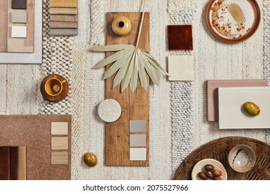Flat lay design of creative architect moodboard composition with samples of building, beige textile and natural materials and personal accessories. Top view, template. - Shutterstock ID 2075527966