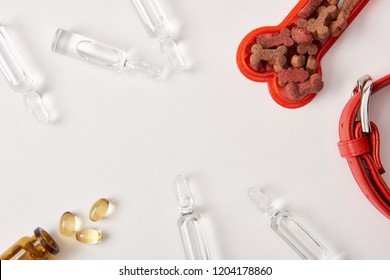 Flat Lay With Dog Collar, Plastic Bone With Pet Food, Pills And Ampoules With Medical Liquid On White Surface