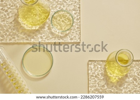 Flat lay of erlenmeyer flasks, petri dish and a test tube with spiral pipe inside containing yellow liquid. Cosmetic laboratory research and development content