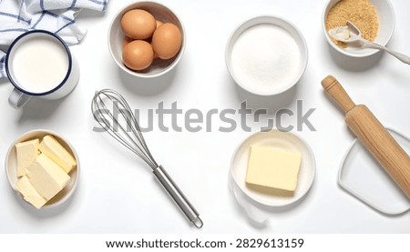 A flat lay of essential baking ingredients like eggs, milk, and butter, alongside kitchen tools such as a whisk and rolling pin, on a clean white background.