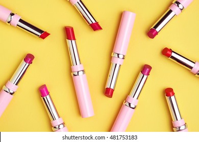Flat lay fashion with lipsticks, Essential beauty item