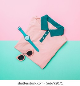 Flat Lay Fashion Set Of Pink Shirt, Sunglasses And Mint Watches. Pastel Fashion In Trend. Minimal.