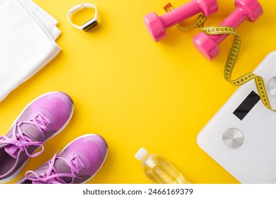 Flat lay of fitness equipment including pink sneakers, dumbbells, water bottle, towel, and scale on a yellow background - Powered by Shutterstock