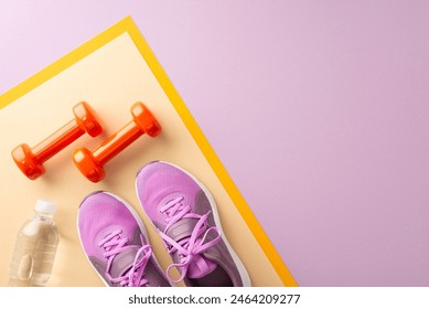 A flat lay of fitness essentials including purple sports shoes, orange dumbbells, and a water bottle on a colorful background - Powered by Shutterstock