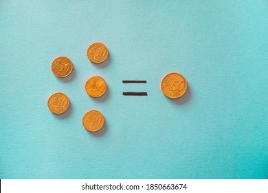 Flat Lay Of Five Coins Of Ten Euro Cents Add Up To Fifty Euro Cents. Mathematics Concept.