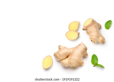 Flat lay of  Fresh ginger rhizome with slices isolated on white background. 