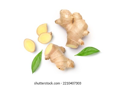 Flat lay of Fresh ginger rhizome with slices  isolated on white background. 