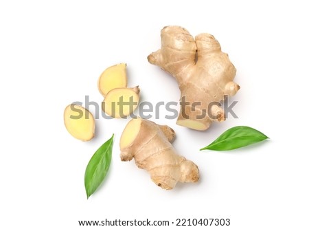 Flat lay of Fresh ginger rhizome with slices  isolated on white background. 