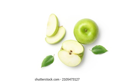 Flat lay of Fresh green Apple fruit with cut in half and slice isolated on white background. - Shutterstock ID 2105473127
