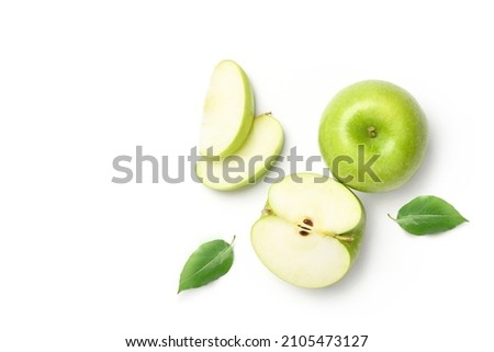 Flat lay of Fresh green Apple fruit with cut in half and slice isolated on white background.