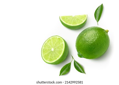 Flat lay of fresh lime with  cut in half and leaves isolated on white background. - Shutterstock ID 2142992581