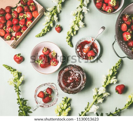 Similar – Foto Bild Frische Erdbeeren im Sieb und Marmelade im Glas