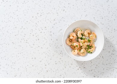Flat Lay. Freshly Cooked Shrimp Scampi In A Bowl.